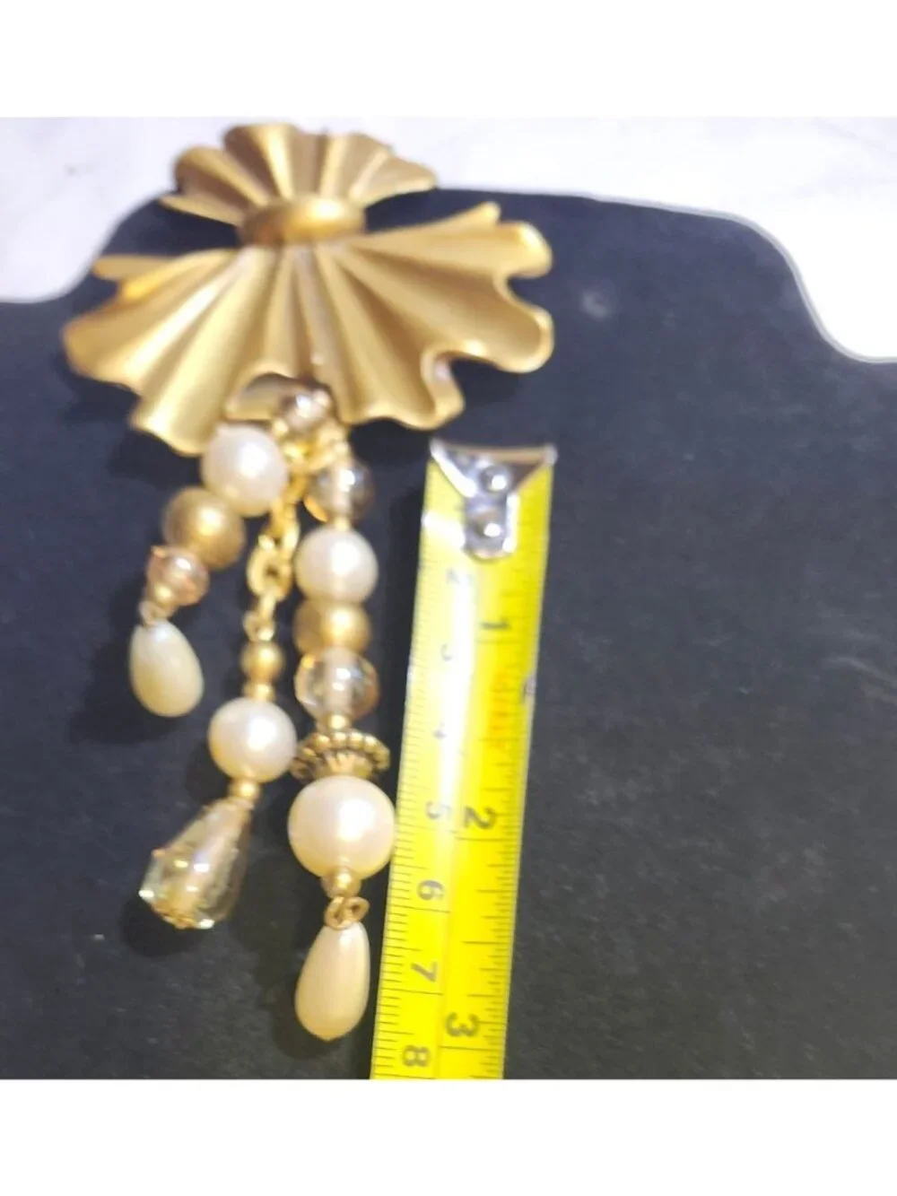 Vintage Gold Tone Pin Fan Shape Dangling Beads & Faux Pearls Elegant Design